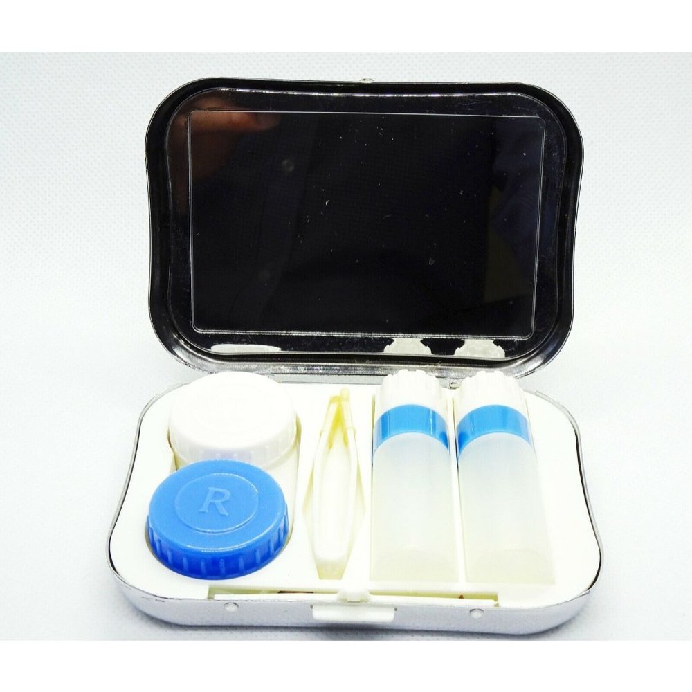 Sturdy Metal Contact Lens Case with Compact Mirror and Accessories